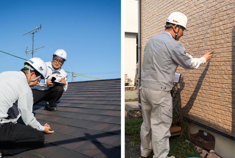 外壁と屋根を点検するスタッフの写真