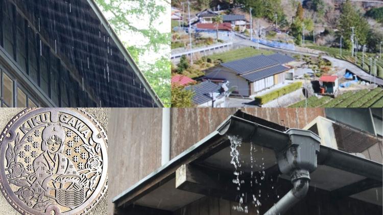 菊川市の住宅街で雨樋から雨水があふれる様子